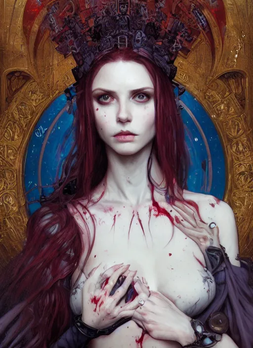 Image similar to portrait of beautiful cute pale gothic maiden covered in blood, warhammer 40000, cyberpunk, intricate, elegant, highly detailed, digital painting, artstation, concept art, smooth, sharp focus, illustration, art by artgerm and greg rutkowski and alphonse mucha and Gustav Klimt