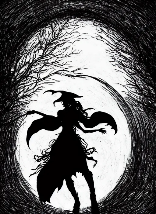 Image similar to portrait, silhouette of a witch in front of the full big moon, book cover, dramatic lighting, cinematic, establishing shot, extremly high detail, foto realistic, cinematic lighting, pen and ink, intricate line drawings, by Yoshitaka Amano, Ruan Jia, Kentaro Miura, Artgerm, post processed, concept art, artstation, matte painting, style by eddie mendoza, raphael lacoste, alex ross