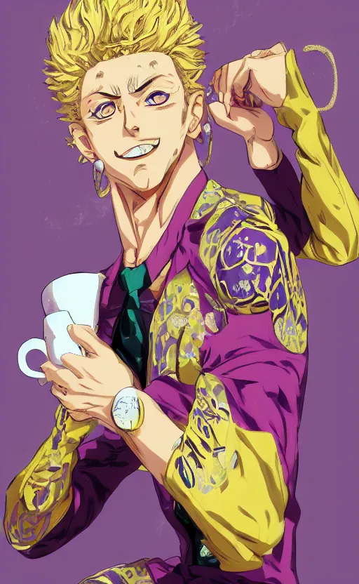 Prompt: giorno giovanna drinking tea, jojo's bizarre adventure, official art, concept art, digital paintting, artstation, 4 k