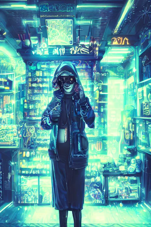 Prompt: cyberpunk shopkeeper, glow, sharp focus, beautiful, grunge, fantasy, cyber