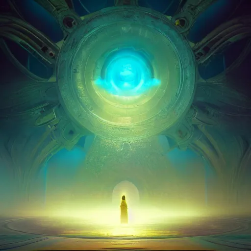 Prompt: within a flower the whole and finite capsule apparent with awe the apparition, an idea seep's into infinity highly detailed in volumetric latent space, golden turquoise steampunk, high contrast cinematic light, mystical shadows, sharp focus, divine realm of gods, octane render, artist by greg rutkowski,