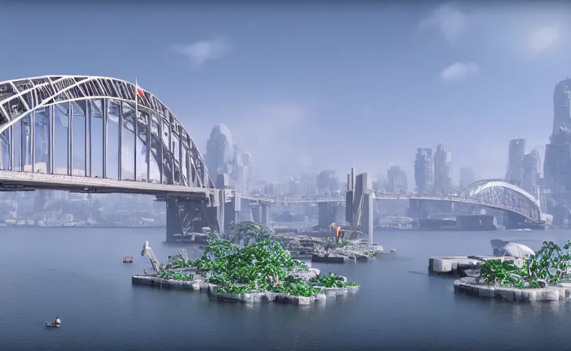 Image similar to a big harbour bridge is destroyed by explosions in the form of white cotton plants, 3 d octane render, epic lighting, 8 k, by goro fujita