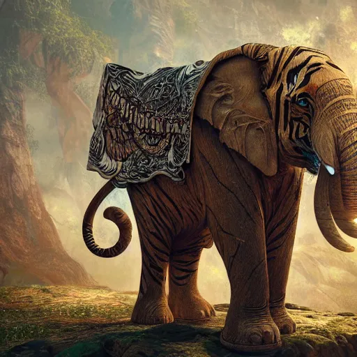 Prompt: tiger elephant with wings, hyper detailed, digital art, trending in artstation, cinematic lighting, studio quality, smooth render, unreal engine 5 rendered, octane rendered, art style by klimt and nixeu and ian sprigger and wlop and krenz cushart