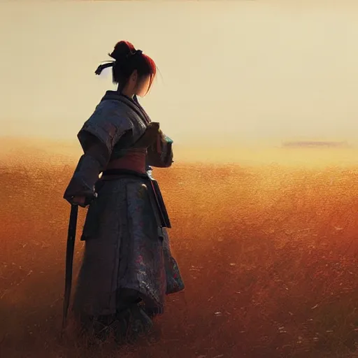 Prompt: female samurai standing in a field in the style of Ruan Jia, golden hour