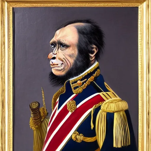 Image similar to An exquisite modern painting of a chimpanzee dressed like a bearded Napoleon with correct military uniform, no frames