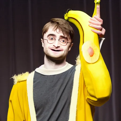 Image similar to daniel radcliffe in a banana costume, posing on a stage, ultra details, photo, 8 k