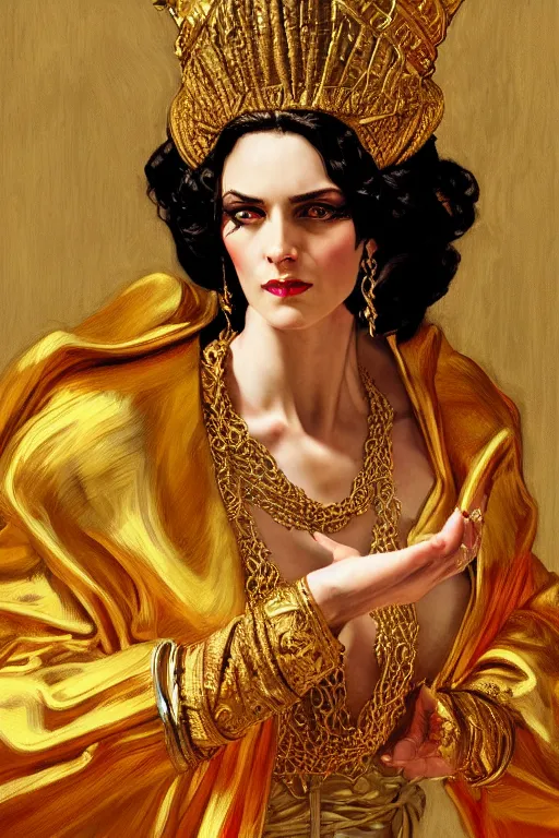 Prompt: Portrait of historically accurate, ancient biblical, sultry, sneering, evil, pagan, wicked, queen jezebel, wearing gilded robes, long hair, intricate, elegant, highly detailed, masterpiece, illustration, art by J C Leyendecker, highly detailed, trending on artstation, award winning