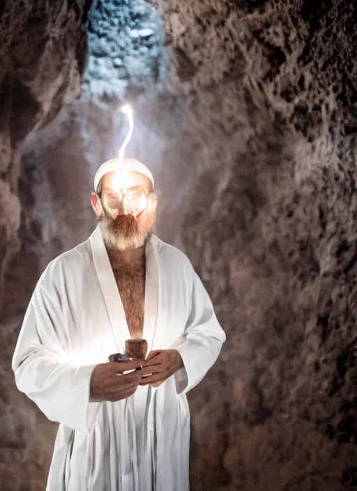 Image similar to photograph of a jewish prophet in his 3 0 s wearing a white robe, cinematic, epic framing, closeup, dslr, spiritual, candle lit cave background