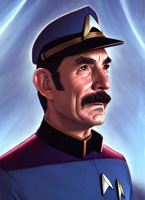 Image similar to star trek officer daniel plainview, natural lighting, path traced, highly detailed, high quality, digital painting, by don bluth and ross tran and studio ghibli and alphonse mucha, artgerm