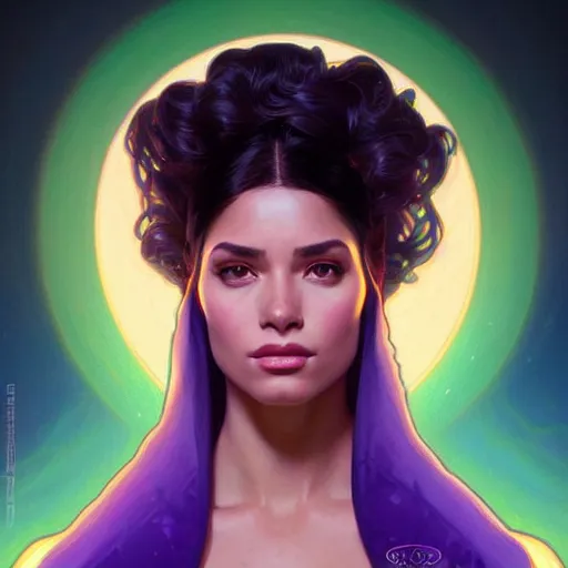 Image similar to Portrait of very very very very very very beautiful Latina woman, spacesuit, purple eyes, intricate, elegant, highly detailed, digital painting, artstation, concept art, smooth, sharp focus, illustration, art by artgerm and greg rutkowski and alphonse mucha