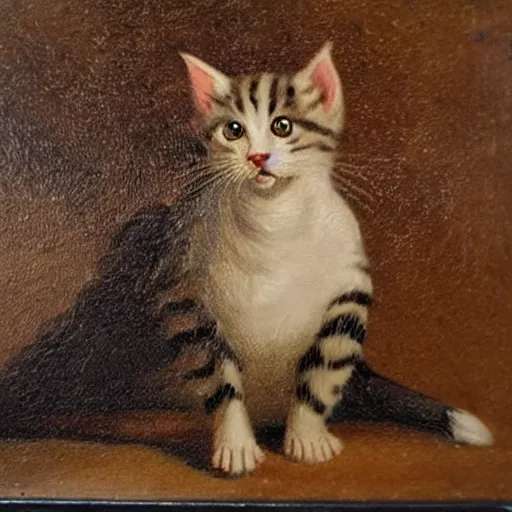 Image similar to an 1 8 th century highly detailed oil painting of a kitten wearing a chefs outfit