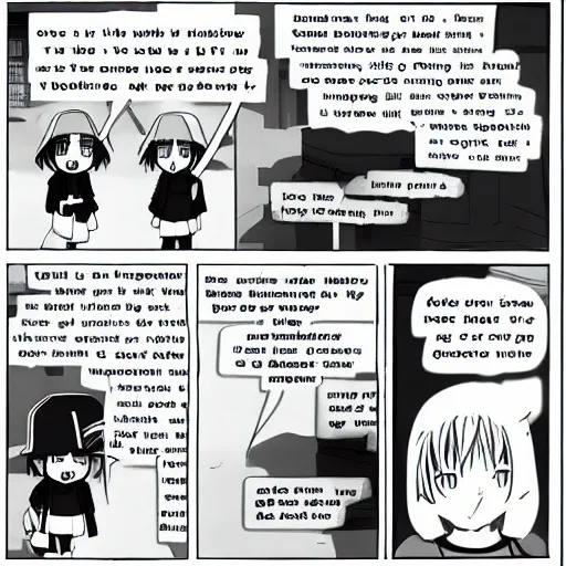 Image similar to comic drawn in pen, two panel meme, chito girls last tour, first panel contains speech bubble, fan art, anime,