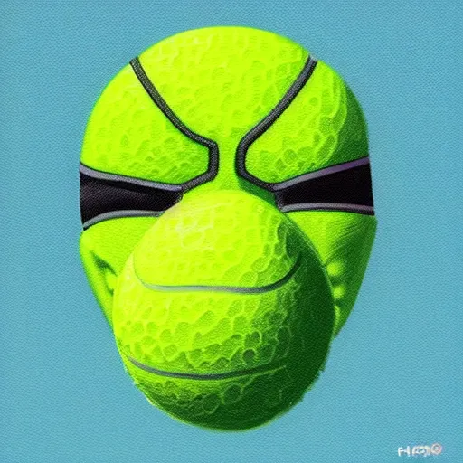 Image similar to a tennis ball monster with a tennis racquet, bust shot, balaclava, face covered, smooth, intricate, elegant, power aura, digital painting, artstation, concept art, sharp focus, illustration, art by basil gogos - h 6 4 0