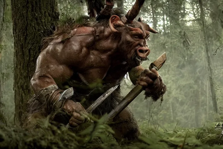 Image similar to vfx movie closeup detailed ancient warrior orc hunting elk in the forest, natural lighting by emmanuel lubezki