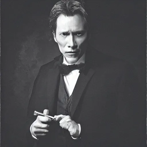 Image similar to Photo of a stern man in a crimson peak lapel suit holding up a spoon in his hand in a menacing way, chiaroscuro, medium full shot