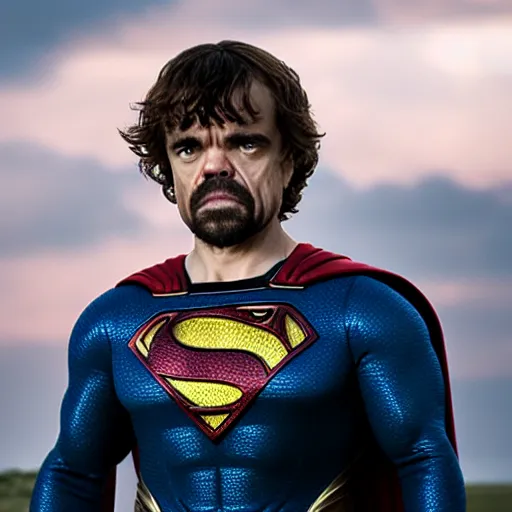 Image similar to stunning awe inspiring peter dinklage as superman, movie still 8 k hdr atmospheric lighting