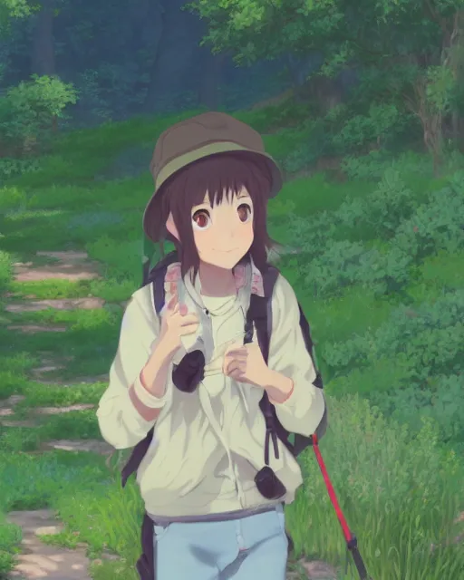 Image similar to a full shot of a teenage girl on a hike, moe, kawaii, pretty, lovely, detailed face, digital art by makoto shinkai and claude monet