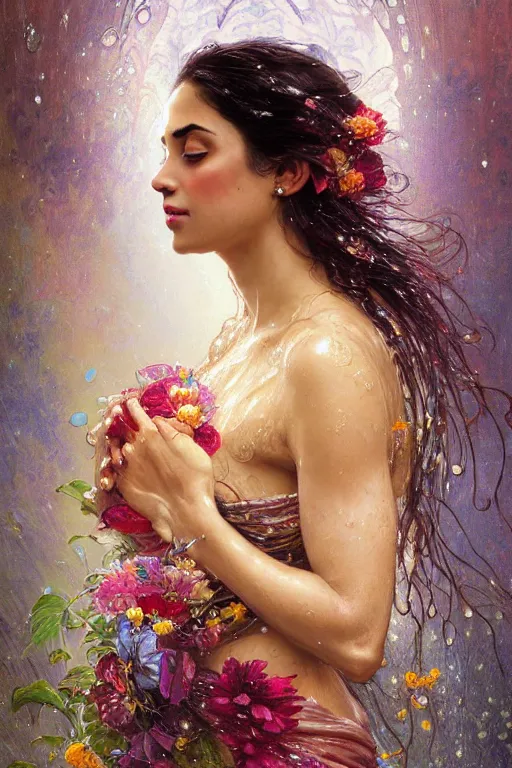 Prompt: portrait of a beautiful woman wearing a sari dress, holding a bouquet of flowing flowers, drenched body, wet dripping hair, emerging from the water, fantasy, regal, fractal crystal, fractal gems, by ross tran stanley artgerm lau, greg rutkowski, thomas kindkade, alphonse mucha, loish, norman rockwell