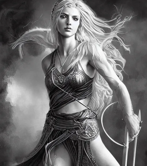 Prompt: beautiful aphrodite goddess as an archer warrior, beautiful piercing eyes, flowing blonde hair, realistic face, black and white drawing, in the style of greg rutkowski, fantasy, amazing detail, epic, intricate, elegant, smooth, sharp focus