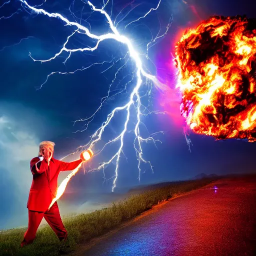 Image similar to burning donald trump casting fireballs, colorful hd picure, lightning in the background