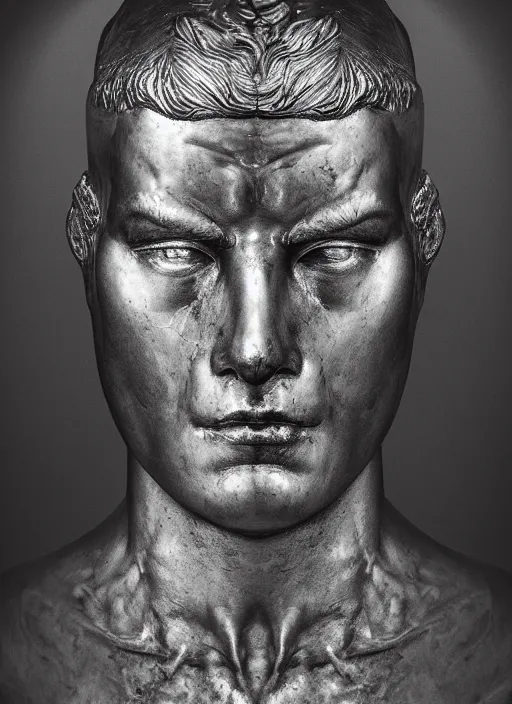 Image similar to portrait of the greek god janus, hyper realistic, silver, cinematic lighting, studio portrait against a black background, modern fine art, fractal, intricate, elegant, highly detailed, digital photography, subsurface scattering, in the style of ghost, by jheronimus bosch and yue minjun and giger and greg rutkowski,