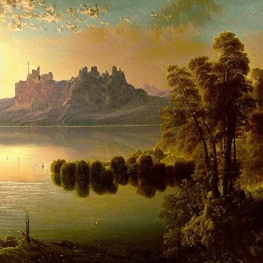 Image similar to an exceptional oil landscape painting of a medieval castle on a beautiful landscape with lake, forest, jagged mountains in the distance, the moon is ultra high resolution in the sky, high resolution albert bierstadt