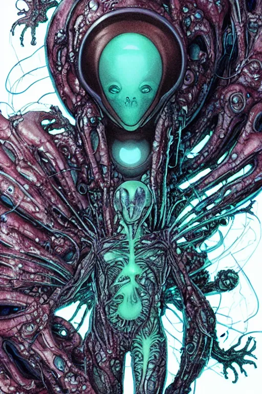 Prompt: Alien, with transparent skin, visible internal, looks like sea creatures, luminous body, floating in the void like the watcher marvel comics or dc comics guardians mixed with swamp thing. Artstyle like alexander mcqueen, anthony chong jones, yoji Shinkawa, Marc Simonetti, Mike Mignola, jae lee, Marc Silvestri, Todd mcfarlane+ full body image with head, Symmetry, dark illustration, cinematic unreal engine, hypermaximalist, symmetrical, detailed, intricate ink illustration, 8k, HD