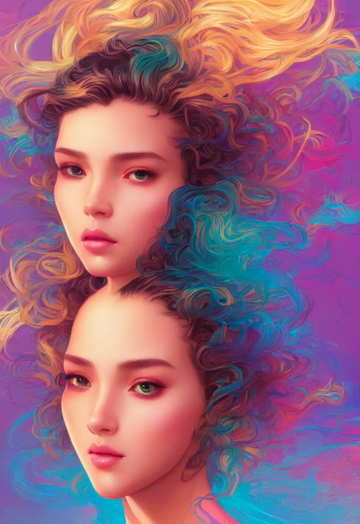 Image similar to beautiful, young woman, detailed gorgeous face, vaporwave aesthetic, synthwave, colorful, psychedelic, artstation, concept art, smooth, extremely sharp detail, finely tuned detail, ultra high definition, 8 k, unreal engine 5, ultra sharp focus, illustration, art by artgerm and greg rutkowski and alphonse mucha