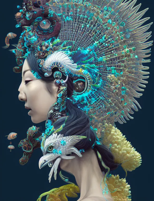 Image similar to 3 d goddess close - up profile solarpunk portrait ram skull. beautiful intricately detailed japanese crow kitsune mask and clasical japanese kimono. betta fish, jellyfish phoenix, bio luminescent, plasma, ice, water, wind, creature, artwork by tooth wu and wlop and beeple and greg rutkowski