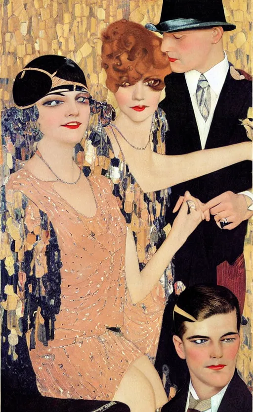 Image similar to an oil painting of jazz age high society life, 1920s style, dressed in 1920s fashion, smooth, highly detailed, high contrast, by Klimt, Coles Phillips, Dean Cornwell, JC Leyendecker, 8K