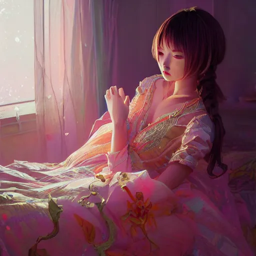 Prompt: beautiful young girl in intricate clothing by ross tran,