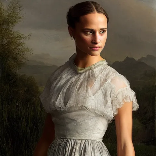 Image similar to portrait of Alicia Vikander wearing grey 1850 dress, in the style of the Hudson River School