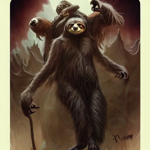 Image similar to unholy sloth, sloth monster, animal sloth, anthropomorphic sloth, demon sloth, demonic robes, dirty matted fur, evil, horror, fire, gloomy mood, ultra details, art by artgerm, dwayne barlowe, trending on artstation and greg rutkowski and alphonse mucha, 8 k