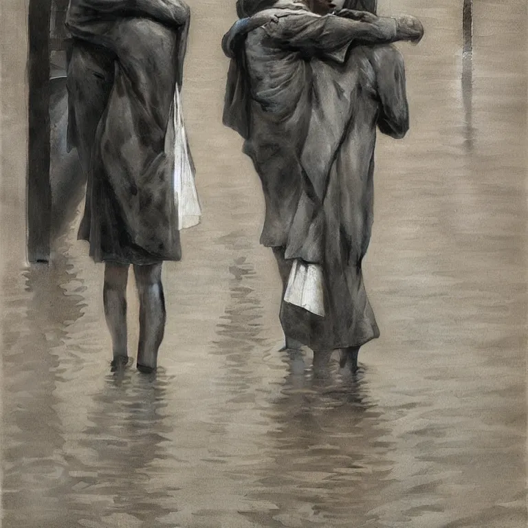 Prompt: two women hugging with a paper bag over the head dressed in plastic bags on flooded streets, highly detailed, artstation, art by, , edward hopper, Zdzislaw Beksinski, highly detailed