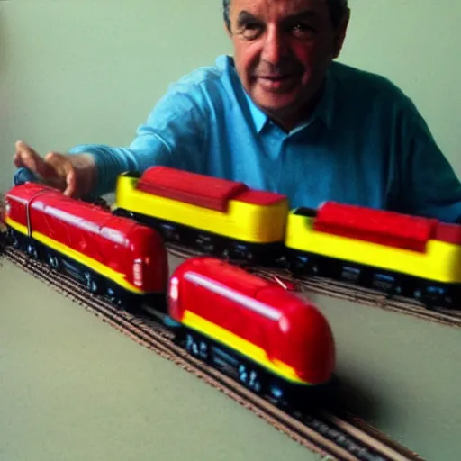 Image similar to alfredo perez rubalcaba playing with train toys