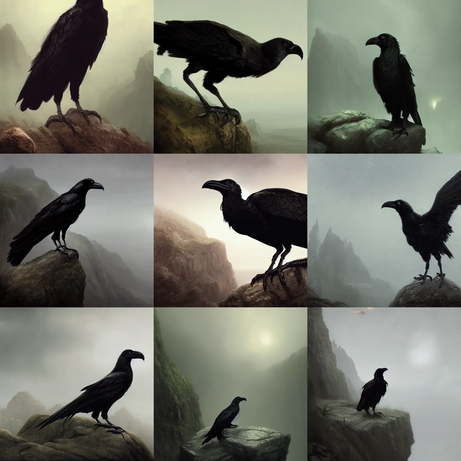 Prompt: cawing crow sitting on a rock. atmospheric lighting. foggy background. highly detailed matte painting by greg rutkowski.