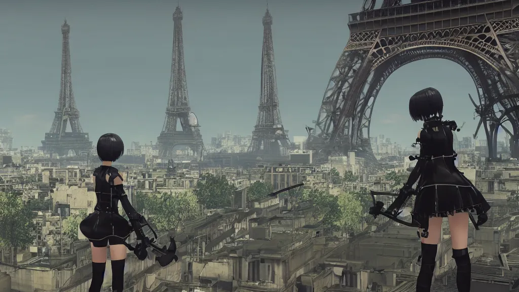 Image similar to Screenshot from Nier Automata, near the Eiffel tower in Paris