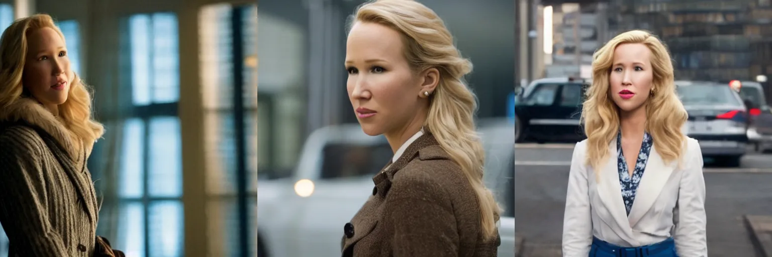 Prompt: close-up of Anna Camp as a detective in a movie directed by Christopher Nolan, movie still frame, promotional image, imax 70 mm footage