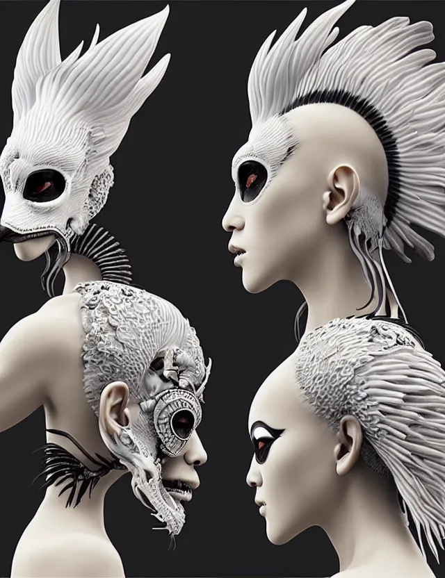 Image similar to 3 d goddess close - up profile simple portrait punk with mohawk with goat skull. beautiful intricately detailed japanese crow kitsune mask and clasical japanese kimono. betta fish, jellyfish phoenix, bio luminescent, plasma, ice, water, wind, creature, artwork by tooth wu and wlop and beeple and greg rutkowski