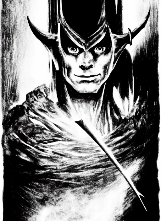 Prompt: portrait of sauron, fire, in the style of akira kurosawa, cinematic, black and white, film grain