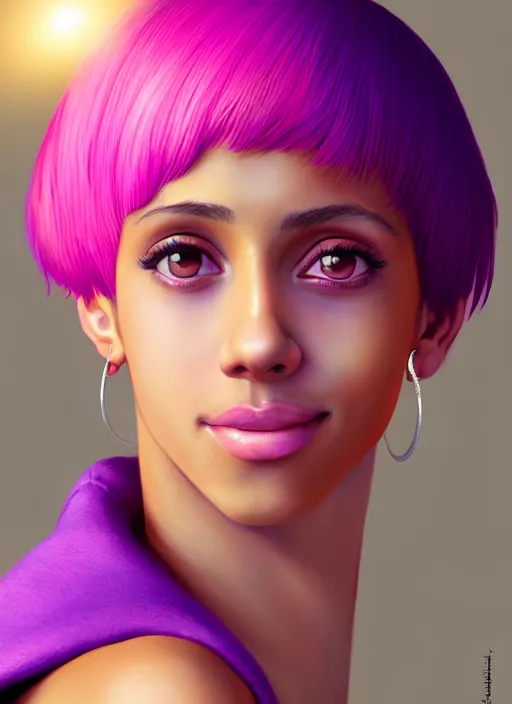 Image similar to portrait of teenage vanessa morgan with bright pink hair, vanessa morgan, curly pixie cut hair, wearing a purple breton cap, breton cap, subtle confident smile, hoop earrings, intricate, elegant, glowing lights, highly detailed, digital painting, artstation, concept art, smooth, sharp focus, illustration, art by wlop, mars ravelo and greg rutkowski