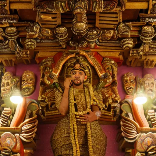 Prompt: standing in a kovil, photograph of drake the rapper, realistic lighting