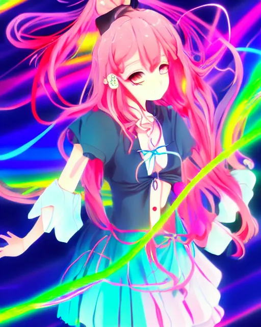 Image similar to anime style, vivid, expressive, full body, 4 k, painting, a cute magical girl idol with a long wavy colorful hair wearing a colorful dress, correct proportions, stunning, realistic light and shadow effects, neon lights, studio ghibly makoto shinkai yuji yamaguchi