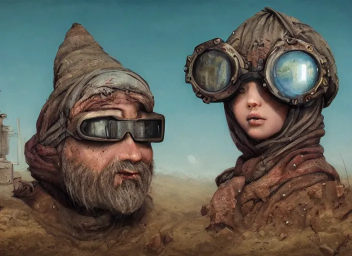 Image similar to a highly detailed forgotten garden gnome wearing goggles and head scarf surviving in a vast barren desert, hopeless wasteland background with a relentless raging sun overhead, hot, post - apocalyptic road warrior vibe, an ultrafine detailed painting by by karol bak and filip hodas, trending on deviantart, pop surrealism, whimsical, lowbrow, perfect symmetrical face, sharp focus, octane, masterpiece