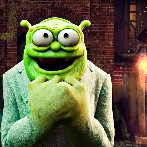 Image similar to mr. bean godzilla super mario pickle rick yoda donkey kong pikachu yeti shrek spongebob homer groot kermit in gears of war, splash art, movie still, detailed face, photorealistic facial features, cinematic lighting, dramatic, octane render, long lens, shallow depth of field, bokeh, anamorphic lens flare, 8 k, hyper detailed, 3 5 mm film grain