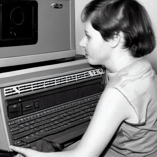 Prompt: weird person in front of C64 computer, old photograph