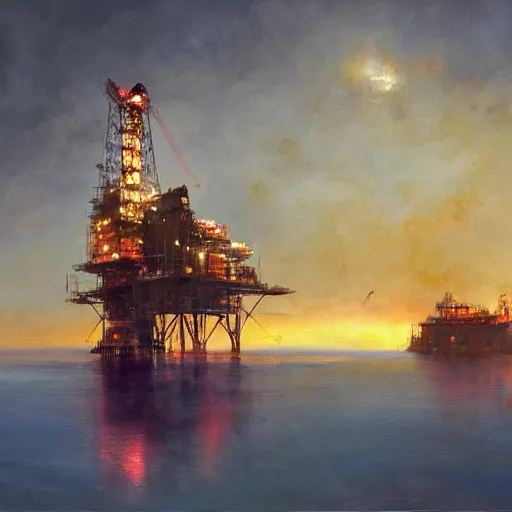 Prompt: in the evening a large, glowing butterfly perches on an oil platform. by craig mullins