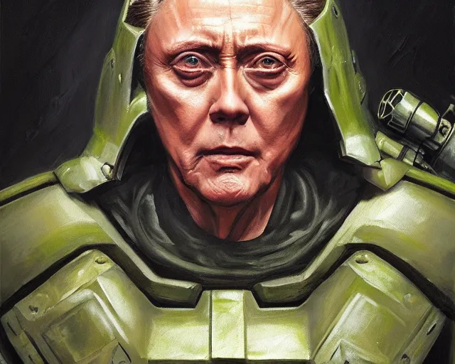 Prompt: oil painting of christopher walken as doomguy, elegant, detailed, fantasy, hd shot, digital portrait, beautiful, artstation, comic style, unreal engine, by artgerm, guy denning, jakub rozalski, magali villeneuve and charlie bowater