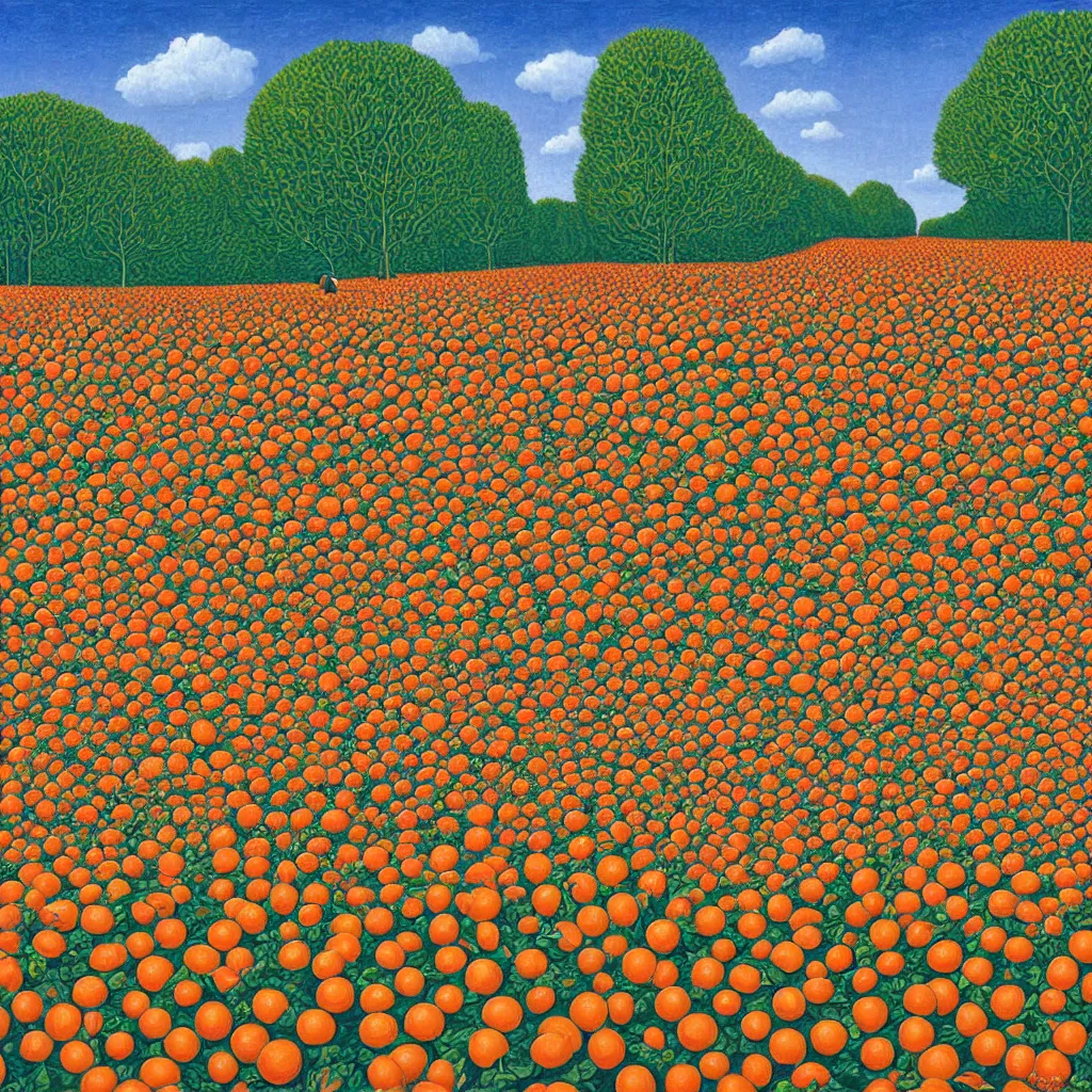 Image similar to a orange strawberry field seen by far in a car riding by, by Rob Gonsalves