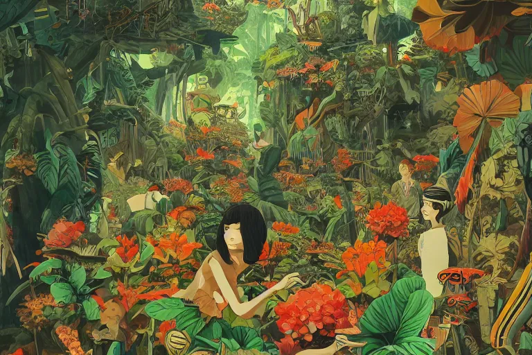 Image similar to 2 d gouache illustration, a lot of exotic vegetation, trees, many many many human heads, flowers, oldschool vintage sci - fi flat surreal design, super - detailed, painting by satoshi kon, hd, 4 k, high quality